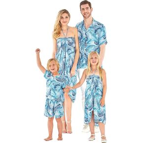 Matchable Family Hawaiian Luau Men Women Girl Boy Clothes in Simply Blue Leaves
