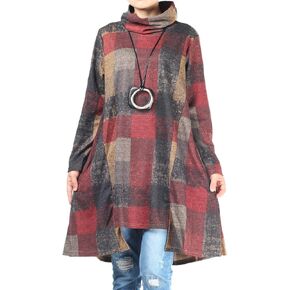 Minibee Women's Turtleneck Tunic Dress Long Sleeve Plaid Tunic Tops Fall Winter Dresses with Pockets