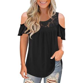 LEIYEE Womens Summer Cold Shoulder Tunic Tops Sexy Casual Short Sleeve Scoop Neck Lace Pleated T Shirts Blouse in Kuwait