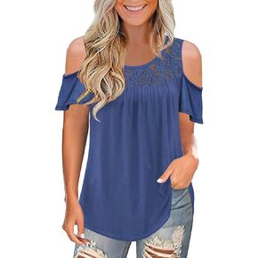 LEIYEE Womens Summer Cold Shoulder Tunic Tops Sexy Casual Short Sleeve Scoop Neck Lace Pleated T Shirts Blouse