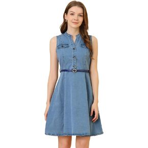 Allegra K Sleeveless Denim Dresses for Women's V Neck Belted Flared Casual Jean Shirt Dress