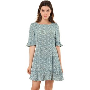 Allegra K Women's Puff Sleeve Ditsy Floral Boat Neck Summer Casual A-Line Ruffle Mini Dress