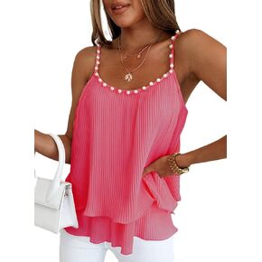 Samefar Womens V Neck Pearl Trim Tank Tops Double-Layer Ruffle Hem Adjustable Spaghetti Strap Camisole