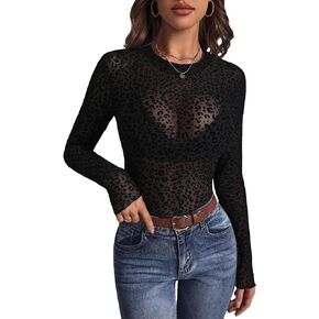 SOLY HUX Women's Sexy Sheer Mesh T Shirts Leopard Print Long Sleeve Tee Tops