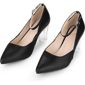 Perphy Pointed Toe Ankle Strap Clear Chunky Heel Pumps for Women