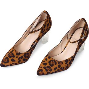 Perphy Pointed Toe Ankle Strap Clear Chunky Heel Pumps for Women