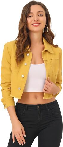 Allegra K Women's Jean Jacket Frayed Button Up Washed Cropped Denim Jacket in Saudi Arabia