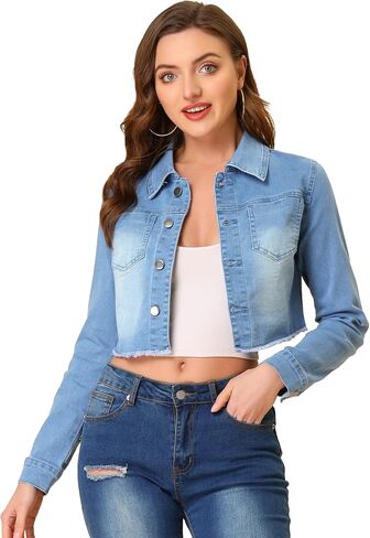 Allegra K Women's Jean Jacket Frayed Button Up Washed Cropped Denim Jacket in Saudi Arabia