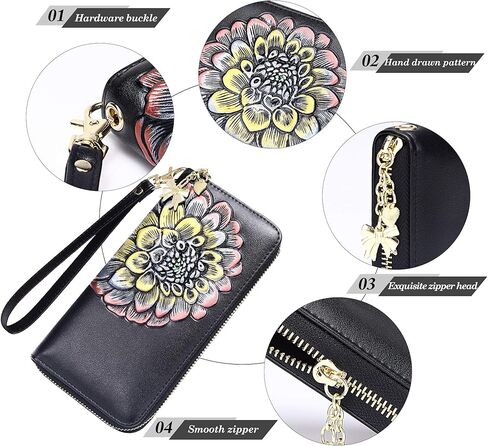 FEITH&FELLY محفظة نسائية RFID Blocking Wallet منقوش من الجلد الأصلي محفظة يد بمقبض in Kuwait