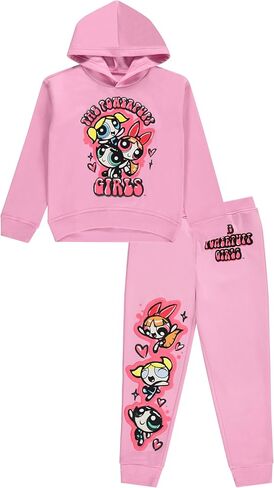 مجموعة ملابس POWERPUFF GIRLS بلوفر بغطاء للرأس وسراويل رياضية - مقاسات الفتيات الصغيرات والكبيرات 4-16 in Kuwait