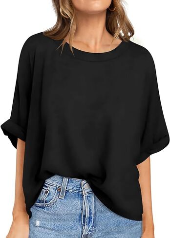 تي شيرت نسائي صيفي كبير الحجم من UEU بأكمام قصيرة ورقبة دائرية مقاس XX-Large باللون الأسود in Kuwait