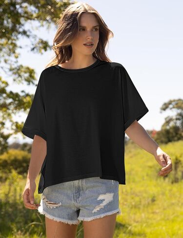 تي شيرت نسائي صيفي كبير الحجم من UEU بأكمام قصيرة ورقبة دائرية مقاس XX-Large باللون الأسود in Kuwait