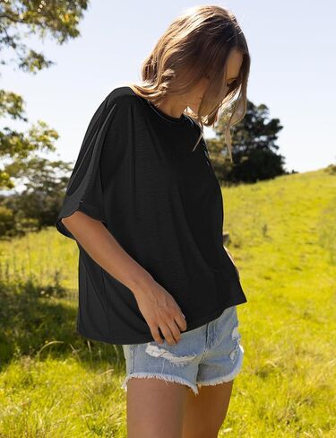 تي شيرت نسائي صيفي كبير الحجم من UEU بأكمام قصيرة ورقبة دائرية مقاس XX-Large باللون الأسود in Kuwait