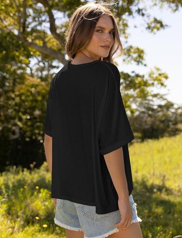 تي شيرت نسائي صيفي كبير الحجم من UEU بأكمام قصيرة ورقبة دائرية مقاس XX-Large باللون الأسود in Kuwait
