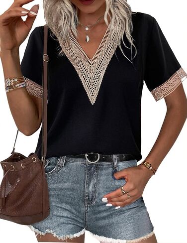 Beyove جبر بلوزات الدانتيل للنساء قصيرة الأكمام بلايز الخامس الرقبة قمصان الصيف الدانتيل موضة عادية الكروشيه بوهو تونك in Kuwait