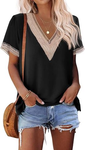 Beyove جبر بلوزات الدانتيل للنساء قصيرة الأكمام بلايز الخامس الرقبة قمصان الصيف الدانتيل موضة عادية الكروشيه بوهو تونك in Kuwait