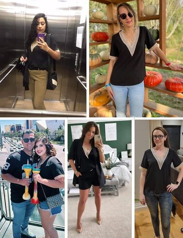 Beyove جبر بلوزات الدانتيل للنساء قصيرة الأكمام بلايز الخامس الرقبة قمصان الصيف الدانتيل موضة عادية الكروشيه بوهو تونك in Kuwait