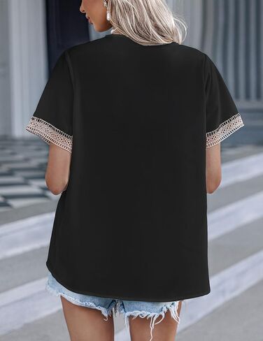 Beyove جبر بلوزات الدانتيل للنساء قصيرة الأكمام بلايز الخامس الرقبة قمصان الصيف الدانتيل موضة عادية الكروشيه بوهو تونك in Kuwait