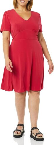 Amazon Essentials Women's Short Sleeve V-Neck Gathered Fit and Flare Dress in Saudi Arabia