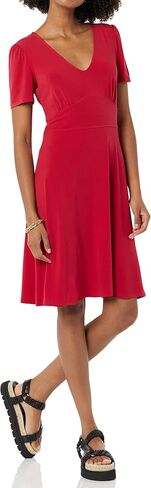 Amazon Essentials Women's Short Sleeve V-Neck Gathered Fit and Flare Dress in Saudi Arabia