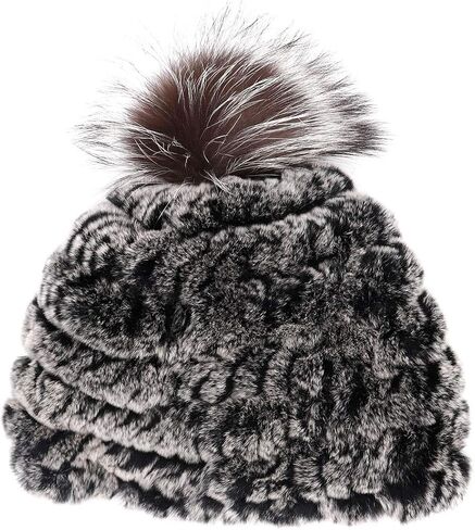 surell - Rex Rabbit Fur Textile Knit Beanie with Fox Fur Pom - Warm Winter Hat in Saudi Arabia
