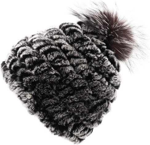 surell - Rex Rabbit Fur Textile Knit Beanie with Fox Fur Pom - Warm Winter Hat in Saudi Arabia