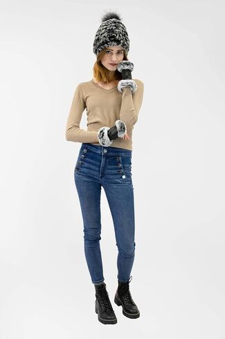 surell - Rex Rabbit Fur Textile Knit Beanie with Fox Fur Pom - Warm Winter Hat in Saudi Arabia