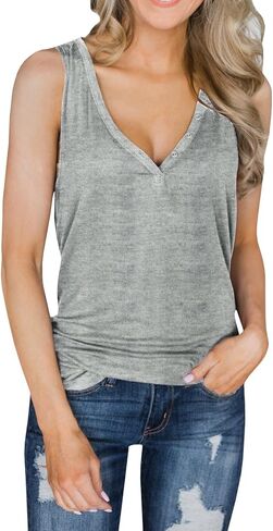 قمصان بدون أكمام للسيدات من Dellytop برقبة على شكل حرف V بدون أكمام قمصان Henley بأزرار لأعلى وتيشيرت طويل مضلع in Saudi Arabia
