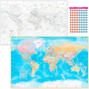 NOWMAP (AquaShield) Double-Sided World Map Poster - 24h x 36w Large Wall Decor - Waterproof Folded Edition with (Pin Stickers)