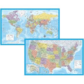2 Pack - Laminated World Map & US Map Poster Set - Wall Chart Map of the World & United States - Made in the USA [Light Blue]