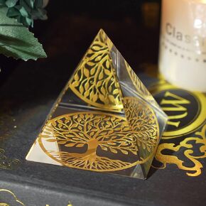 H&D HYALINE & DORA Clear Crystal Pyramid Paperweight with Flower of Life,60MM Crystal Pyramid Prism Feng Shui Crafts Meditation Crystal for Home Office Art Decor, Pyramids Gift