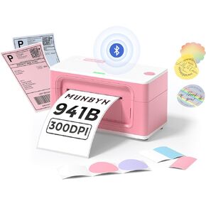 MUNBYN Bluetooth Thermal Label Printer 941B, Wireless 300DPI 4x6 Shipping Label Printer for Small Business, Compatible with Windows, Mac, iPhone, Android, PC, Ebay, Amazon, Shopify, Etsy, USPS (Pink)
