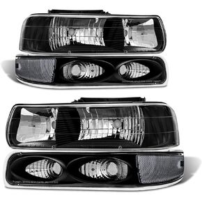 Headlight Assembly for 1999 2000 2001 2002 Chevy Silverado 1500 2500/1500HD 2500HD 3500/2000-2006 Tahoe/Suburban Black Housing Amber Reflector Pair