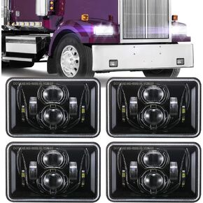 BICYACO 4 PCS DOT 60W 4x6 Inch LED Headlights Rectangular Replacement H4651 H4652 H4656 H4666 H6545 Compatible with Peterbilt Kenworth Freightinger Ford Probe Oldsmobile Cutlass (Style A-Black)