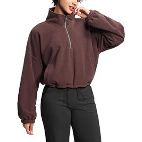 THE GYM PEOPLE Women’s Half Zip Crop Pullover Sweatshirt Fleece Stand Collar Workout Tops with Pockets Drawstring Hem