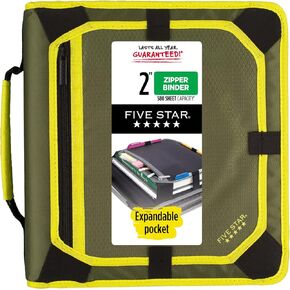Five Star Zipper Binder, 2 Inch 3-Ring Binder for School, Expansion Panel and Expanding File, 580 Sheet Capacity, Black/Gray (29052IT8)