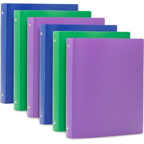 Blue Summit Supplies 3 Ring Plastic Binders, 1 Inch Light Flexible Plastic 3 Ring Binders, with Soft Cover and Pocket, Colored Blue, Green, and Purple Bendable Binders, Assorted Colors, 6-Pack