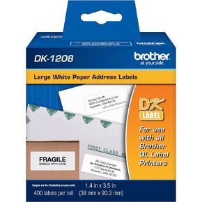 Brother, Die-Cut Large Address Labels, DK-1208, Brother Genuine Labels, Long Lasting Reliability, Die-Cut Large Address Paper Labels, 400 Labels per Roll, (1) Roll per Box