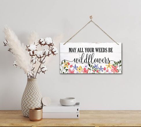 Hanging Spring Wood Decor Sign, May All Your Weeds Be Wildflowers Printed Wood Wall Art Sign, Home Signs Decor, Hanging Door Wood Sign, Rustic Farmhouse Wood Sign Décor, Rustic Decor in Saudi Arabia