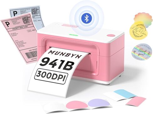 طابعة ملصقات حرارية MUNBYN Bluetooth 941B، طابعة ملصقات شحن لاسلكية 300DPI 4x6 للشركات الصغيرة، متوافقة مع Windows، Mac، iPhone، Android، PC، Ebay، Amazon، Shopify، Etsy، USPS (وردي) in Kuwait
