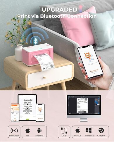 طابعة ملصقات حرارية MUNBYN Bluetooth 941B، طابعة ملصقات شحن لاسلكية 300DPI 4x6 للشركات الصغيرة، متوافقة مع Windows، Mac، iPhone، Android، PC، Ebay، Amazon، Shopify، Etsy، USPS (وردي) in Kuwait