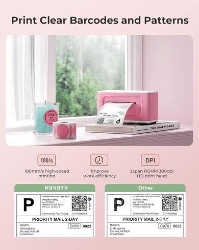 طابعة ملصقات حرارية MUNBYN Bluetooth 941B، طابعة ملصقات شحن لاسلكية 300DPI 4x6 للشركات الصغيرة، متوافقة مع Windows، Mac، iPhone، Android، PC، Ebay، Amazon، Shopify، Etsy، USPS (وردي) in Kuwait