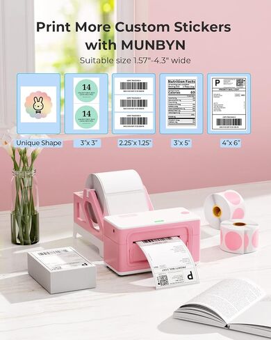 طابعة ملصقات حرارية MUNBYN Bluetooth 941B، طابعة ملصقات شحن لاسلكية 300DPI 4x6 للشركات الصغيرة، متوافقة مع Windows، Mac، iPhone، Android، PC، Ebay، Amazon، Shopify، Etsy، USPS (وردي) in Kuwait