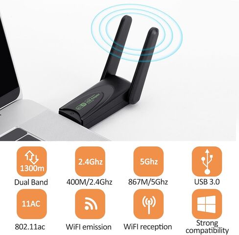 محول USB WiFi، 1300Mbps WiFi USB 3.0 ثنائي النطاق 5G/2.4G هوائيات مزدوجة، محول شبكة لاسلكي لأجهزة الكمبيوتر المحمول المكتبية، يدعم Windows 11/10/8.1/8/7، Mac OS 10.9-10.15 in Kuwait