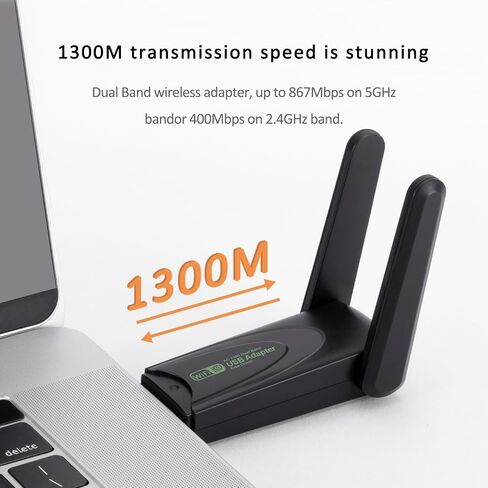 محول USB WiFi، 1300Mbps WiFi USB 3.0 ثنائي النطاق 5G/2.4G هوائيات مزدوجة، محول شبكة لاسلكي لأجهزة الكمبيوتر المحمول المكتبية، يدعم Windows 11/10/8.1/8/7، Mac OS 10.9-10.15 in Kuwait