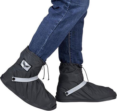 Waterproof Rain Boot Shoe Covers for Men Women with Reflector, Black Non-slip Reusable Boot Covers with Side Zipper, Foldable Anti-Snow Shoe Covers Rainproof Overshoes Over Shoes Galoshes in Saudi Arabia