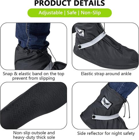 Waterproof Rain Boot Shoe Covers for Men Women with Reflector, Black Non-slip Reusable Boot Covers with Side Zipper, Foldable Anti-Snow Shoe Covers Rainproof Overshoes Over Shoes Galoshes in Saudi Arabia