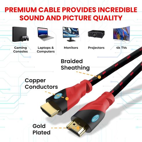 كابل HDMI فائق السرعة 4K من Aurum بطول 25 قدم يدعم التلفزيون والألعاب والإيثرنت وHDR وARC وUHD و3D وHDTV و10.2 جيجابت في الثانية متوافق مع الكمبيوتر الشخصي والكمبيوتر المحمول PS3 وPS4 وXbox وRoku وBlue-ray، 3 علية in Saudi Arabia