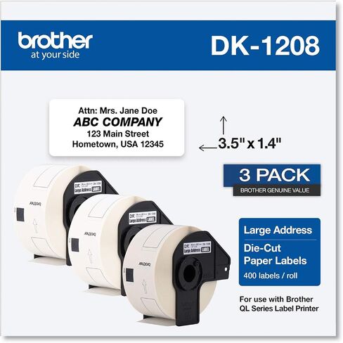 Brother, Die-Cut Large Address Labels, DK-1208, Brother Genuine Labels, Long Lasting Reliability, Die-Cut Large Address Paper Labels, 400 Labels per Roll, (1) Roll per Box in Saudi Arabia