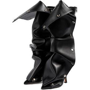 KaroNairy Slouchy Knee High Boots for Women Denim Pointed Toe Stiletto High Heel Boots Detachable Snap-off Panel Fall Shark Boots Black 11